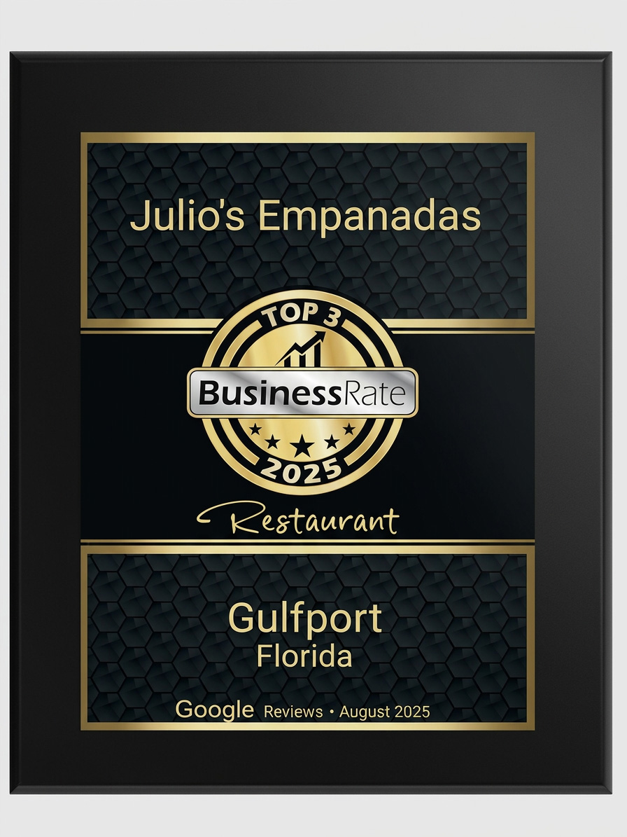 BusinessRate Top 3 Restaurant 2025 plaque for Julio's Empanadas, Gulfport, Florida